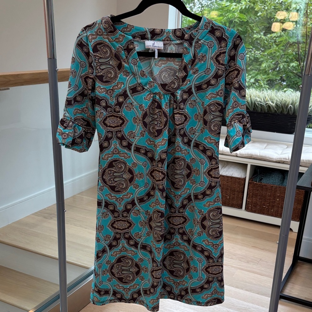 Jude Connally Teal and Brown Paisley Mini Dress